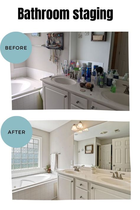 Stage Bathroom To Sell, How To Stage A Bathroom To Sell, Model Home Bathroom Staging, Staging House For Sale Pictures, Tips For Staging House To Sell, Tips For Getting House Ready To Sell, Bathroom Staging, Real Estate Staging, Bedroom Upgrade