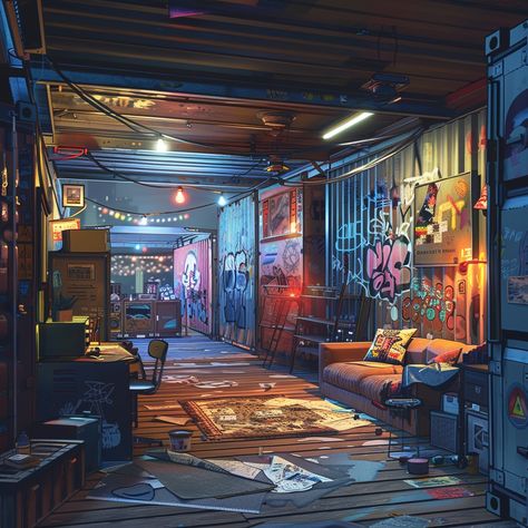 Dystopian House Interior, Convenience Store Background, Dystopian House Concept Art, Dystopian Room, Dystopian Interior, Dystopian City Art, Cyberpunk Set Design, Post Apocalyptic Room, Dystopian Apartment