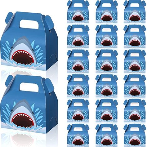 Shark Paper Bag, Shark Goodie Bags, Birthday Party Favors For Kids, Shark Party Favors, Paper Treat Bags, Shark Bag, Party Candy Bags, Shark Themed Party, Blue Party Decorations