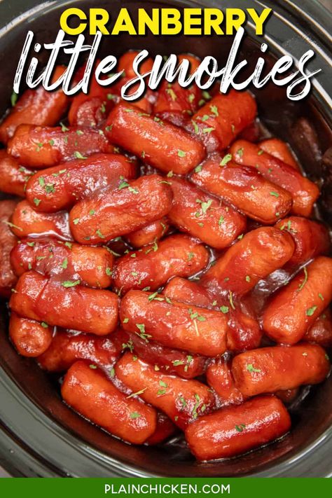 Cranberry Little Smokies Recipe - These bite-sized cocktail weenies are slow-cooked to perfection in a tantalizing blend of cranberry sauce and chili sauce. Sweet, tangy, and spicy, they're the ultimate party appetizer that will disappear in no time. They make a great appetizer for tailgating on game day, holiday gatherings, or any occasion where deliciousness is a must! Thanksgiving Little Smokies, Sausage Cocktail Recipes, Cranberry Lil Smokies, Little Cocktail Smokies, Little Sausages In Crockpot, Cranberry Little Smokies, Cocktail Franks Appetizers, Cocktail Hotdogs Lil Smokies, Lil Weenies Recipe