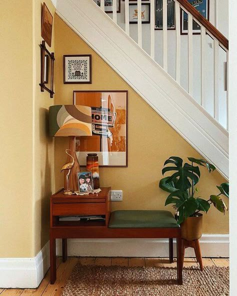 Stair Hallway Decor, Hallway Colour Ideas, Ideas For Hallways, Hallway Wall Colors, Yellow Hallway, Yellow Stairs, Home Staircase, Side Table Ideas, Colour Scheme Ideas