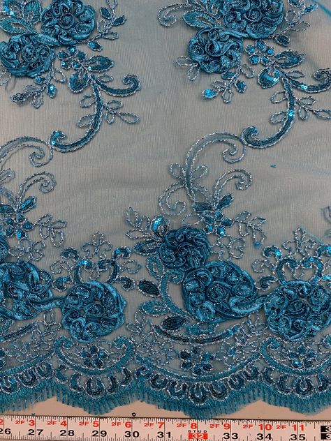 Ryleigh TURQUOISE 3-D Floral Embroidery with Foil & Sequins on Mesh Lace Fabric by the Yard - 10010 Content: 100% polyester Stretch: Minimal Width: 50 to 52 inches Edge: Scalloped on both edges Uses: Wedding dress, evening gown, formal wear, tops, skirts, home decorations, costumes, crafts, etc. DISCLAIMER: Expedited shipping options do not apply to 5, 10, 50 and 100 yard options. Sample/Swatch: 4x2 inches for $4.99 each, free shipping. We highly suggest buying a sample first to see and feel Wedding Dress Evening, Bridal Fabric, Fabric Beads, Light Peach, Handmade Fabric, Dress Evening, Home Decorations, Disney Inspired, Turquoise Beads