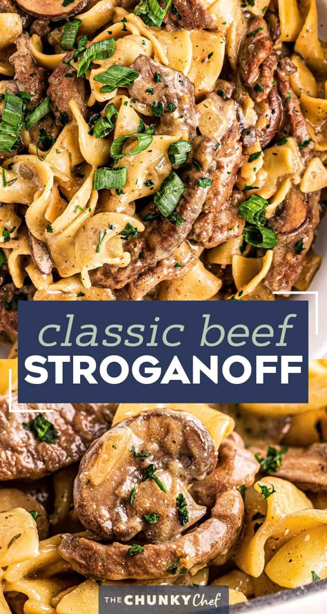 The Ultimate Beef Stroganoff is the most soul-warming comfort food around!  Tender beef strips, mushrooms and onions are smothered in a rich, beefy gravy and tossed with egg noodles.  Ready in about 30 minutes, it's a fabulous weeknight dinner option! #beef #beefstroganoff #stroganoff #comfortfood #dinner #weeknight #30minute #easyrecipe Slow Cooker Beef Stroganoff Recipe, Homemade Beef Stroganoff, Best Beef Stroganoff, The Chunky Chef, Chunky Chef, Dinner Recipes With Chicken, Ground Beef Dinner Recipes, Mushrooms And Onions, Slow Cooker Beef Stroganoff