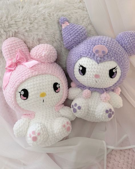 Crochet My Melody And Kuromi, Kuromi And My Melody Crochet, Crochet Melody, Kuromi Crochet Pattern, Crochet My Melody, Kuromi Amigurumi, My Melody Crochet, Crochet Kuromi, Sanrio Crochet