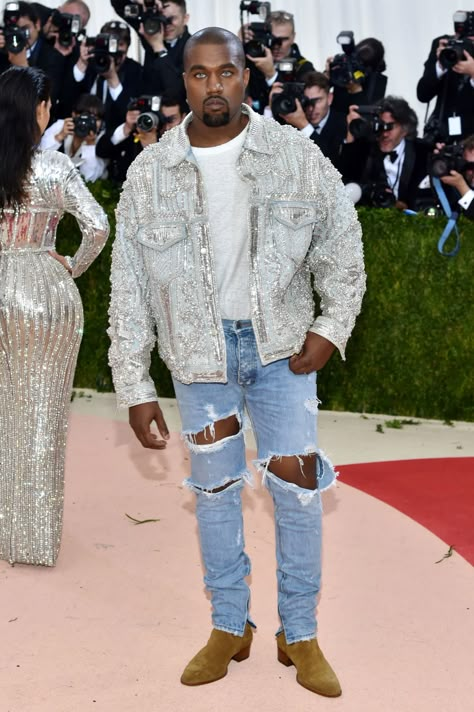 Shop Kanye West’s Red Carpet Denim Look at the Met Gala 2016 | Vogue New Kanye, Kanye West Style, Kanye West And Kim, Met Gala Outfits, Kim And Kanye, Embellished Denim Jacket, Fashion Gal, Denim And Diamonds, Kim Kardashian And Kanye