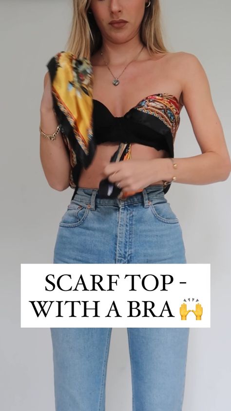 Lydia Rose on Instagram: “New way to wear a scarf to with a bra 🙌 • #scarffashion #scarfstyle #fashiontips” Ways To Wear Bandanas On Your Body, Diy Vacation Outfits, Trendy Styles 2024, Bandana Top Outfit Street Styles, Bandana Shirt Diy, Bandana Shirt Outfit, How To Tie A Scarf As A Top, Look Festival Verano, Scarf Top Tutorial