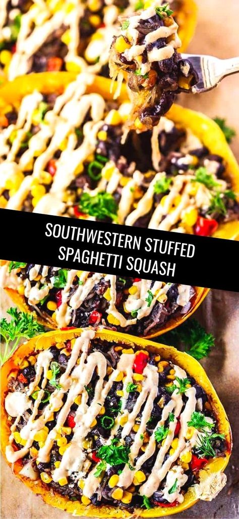 Enjoy this Southwestern Stuffed Spaghetti Squash for lunch or dinner. It is very satisfying, hearty and healthy with bold Mexican flavors! Stuffed Spaghetti Squash Vegetarian, Spaghetti Squash Mexican, Spaghetti Squash Vegan, Mexican Spaghetti Squash, Dinner Soup Recipes, Roast Dinner Recipes, Grilled Dinner Recipes, Stuffed Spaghetti Squash, Skillet Dinner Recipes