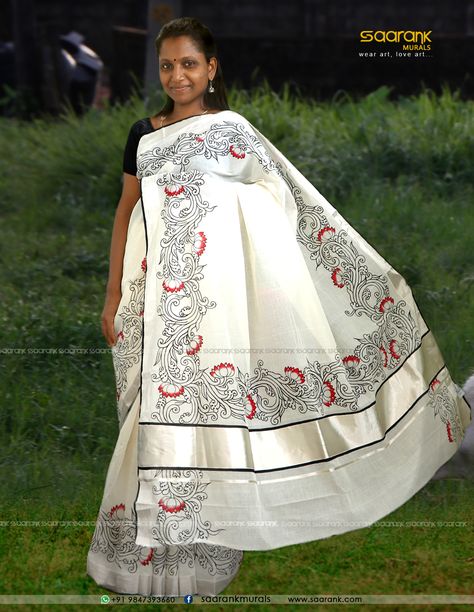 Mural painting on Silver Kasavu Saree... Style - Mural painting done by hand  Saree - Handweaved Silver Kasavu Kerala Saree Size - 6.30 mtr Whatsapp - +91  9847393660 Mural Painting Kerala Saree Blouse, Kerala Saree Painting Designs, Kerala Dress, Liquid Embroidery, Kerala Saree Blouse, Saree Borders, Saree Kuchu New Designs, Painted Saree, Handmade Saree