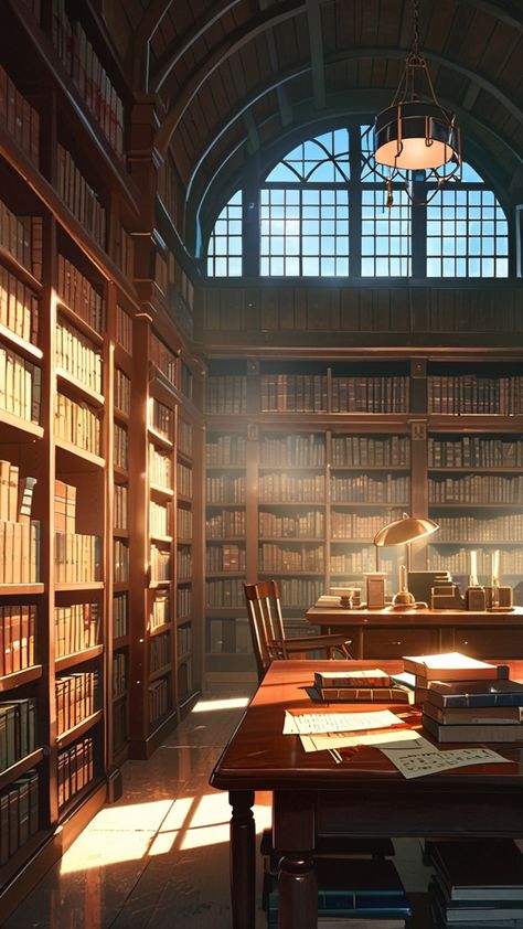 A warm, sunlit anime-style library with wooden bookshelves, a study desk, and scattered books, creating a peaceful study atmosphere. Anime Study Room, Iphone Backgrounds Aesthetic, Study Room Wallpaper, Library Anime, Anime Library, Cozy Anime, Anime Study, Aesthetic Library, Study Vibes