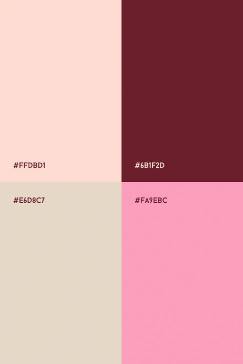 Color palette Powder pink, burgundy, cold beige & baby pink Burgundy And Pink Room Ideas, Pink Brown Branding, Colors That Go With Pink, Pink Brown Color Palette, Pink And Beige Color Palette, Baby Pink Color Palette, Red And Pink Color Palette, Pink Colour Palette, Pink Color Combination