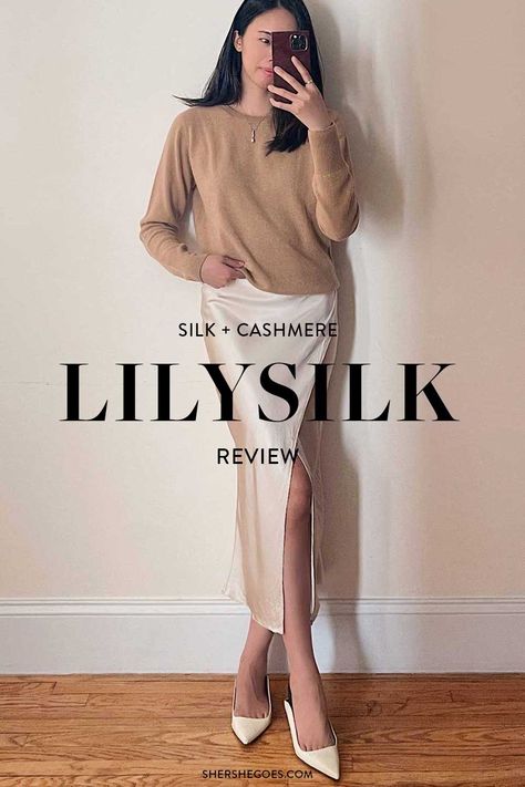 i was curious about lilysilk cashmere so i tried out their crewneck sweater! here's my review... #lilysilk #cashmere #cashmereoutfits #silkskirt #silkskirtoutfit #neutralstyle #simpleoutfits #classicstyle Silk Skirt Outfit, Parisian Outfits, Silk Clothing, Crewneck Sweaters, Silk Tops, Cashmere Outfits, Silk Outfit, Cashmere Jumper, Neutral Fashion