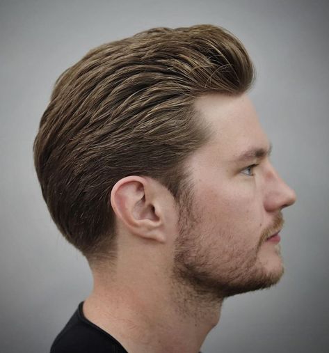 Medium Business Crop - Presenting the business side of regular haircut with nothing but subtle yet classy elements. Starting with the classic pushed back top with a small pompadour in the front and the sides being tapered with regained texture as slight thick hair. Classic Haircut Men Classy, Taper Fade Haircuts, Classic Mens Hairstyles, Pompadour Style, Older Mens Hairstyles, Classic Haircut, Pompadour Hairstyle, Taper Fade Haircut, Mens Haircut