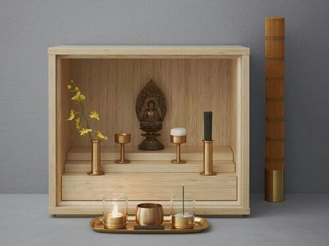 . Small Buddhist Altar(Butsudan) Buddha Altar, Altar Inspiration, Altar Design, Mini Altar, Buddhist Shrine, Mandir Design, Meditation Room Decor, Little Buddha, Buddhist Altar