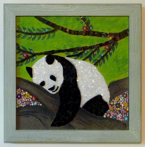 A Panda Bear Painting with glass mosaic and polymer clay flowers Mosaic Art Wall, Fun Paintings, Rocks Garden, Stained Glass Mosaic Art, Bear Painting, Mosaic Rocks, Bear Paintings, Mixed Media Acrylic, Clay Things