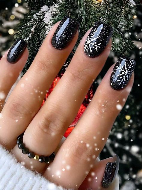 24pcs/Set Black Square Medium Press-On Nails, Winter Square Fake Nail Tips, Full Cover Artificial Acrylic Nail Art SetI discovered amazing products on SHEIN.com, come check them out! Nails Winter Square, Black Christmas Nails, Nails For 2023, Nail Art Noel, Square Nail Designs, Gothic Nails, Goth Nails, Nail Art Set, Snowflake Nails