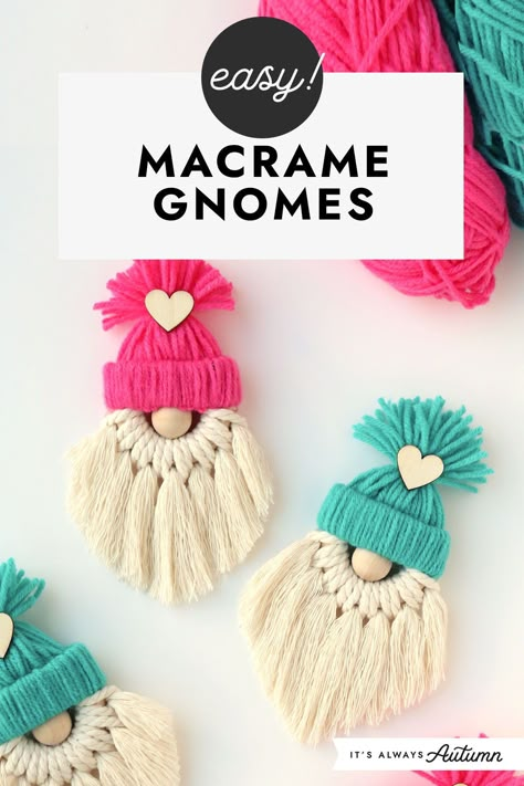 Its Always Autumn Crafts, Gnomes Made Out Of Paint Brushes, Small Macrame Patterns Free, Gnomes Made From Yarn, Things To Make For Christmas To Sell, Diy Rope Gnomes, Christmas Gnome Ideas Diy, Macrame Christmas Gnomes Diy, Macrame Santa Ornament Tutorial