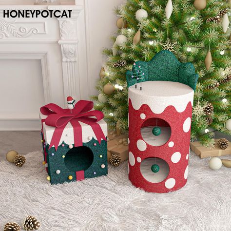 Unveil a world of holiday enchantment with the HONEYPOT CAT Christmas-Themed Gift Box Cat Bed and Cat Tree. Wrapped in soft felt adorned with charming Christmas elements, the cat bed is a cozy retreat that beckons your feline friend to experience the joy of the season. It's more than just a bed – it's a cherished escape, a place where comfort and festive allure merge. Complementing the festive ambiance is the Christmas-Themed Cat Tree, its inviting felt exterior echoing the magic of the holidays Christmas Tree Cats Safe, Cat Safe Christmas Decorations, Cats And Christmas Trees, Cat Station, Christmas Decir, Cool Cat Beds, Christmas Presents For Cats, Christmas Cat Tree, Bucket Gifts