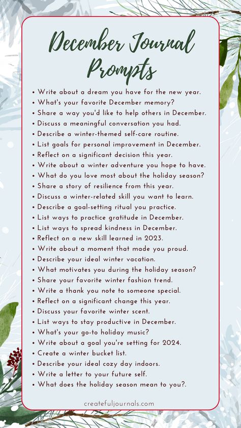 Here's a list of Journal prompts for December. Choose from these prompts throughout the month to inspire your journaling sessions! December Gratitude Challenge, December Journal Prompts 2024, Journal Prompts For December, Christmas Journal Ideas Writing Prompts, Advent Journal Prompts, December Self Care Challenge, December Daily Prompts, 5min Journal, Journal Prompts December