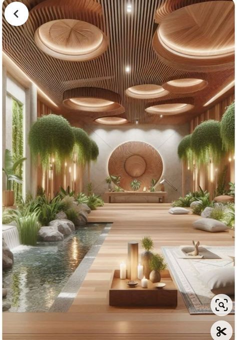 Zen Relaxation Room, Yoga Studio Cafe, Gym With Plants, Zen Cafe, Mindfulness Aesthetic, Zen Yoga Studio, Wellness Center Design, Landscaping Water Feature, Yoga Room Design