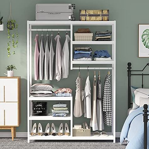 Clothes Rack Closet, Small Closet Makeover, Metal Closet, Freestanding Closet, Standing Closet, Storage Clothing, Free Standing Closet, Metal Clothes Rack, Portable Wardrobe