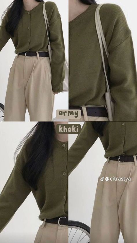 Khaki Pants Outfit Hijab, Army Green Pants Outfit Women, Army Color Outfits, Army Green Outfits For Women, Green Combo Outfit, Casual Aesthetics, Outfit Celana, Smart Casual Women Outfits, Simple Casual Outfits