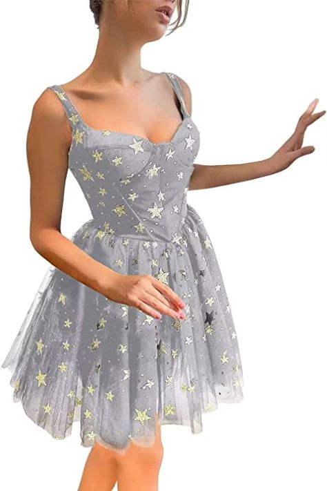 Amazon.com: Basgute Sparkly Starry Tulle Short Homecoming Dresses for Teens Silver Glitter Star Mini 2023 Corset Formal Evening Party Dress with Gloves for Women US4 : Clothing, Shoes & Jewelry Galaxy Dress Short, Hoco Dresses Space Theme, Star Homecoming Dress, Homecoming Dresses Amazon, Continuation Dresses, Party Dress With Gloves, Celestial Clothing, Prom Dresses Short Blue, Taylor Concert