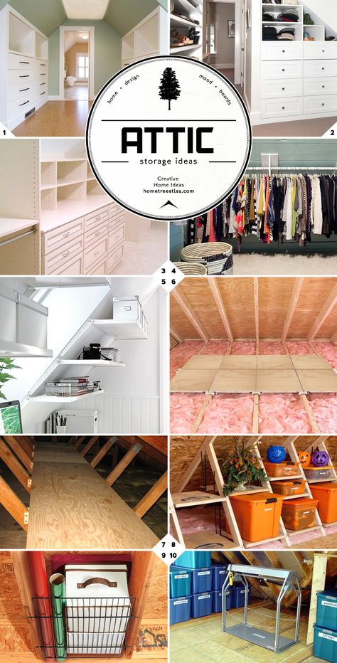 Finished and Unfinished Attic Storage Ideas Unfinished Attic Storage, Attic Storage Ideas, Attic Storage Organization, Unfinished Attic, Attic Organization, Attic Renovation Ideas, Garage Attic, Finished Attic, Attic Playroom