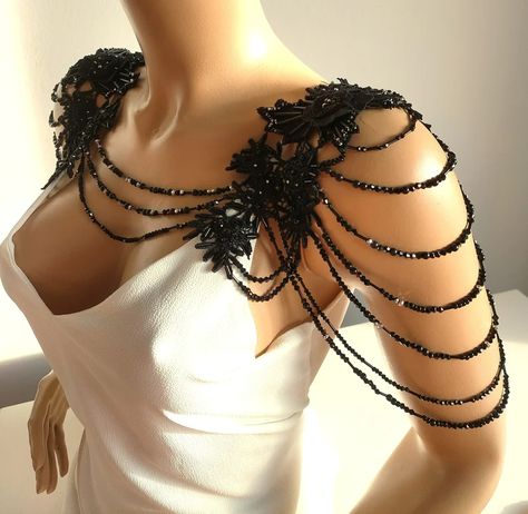 Night Dress Shoulder Necklace Beaded Black Embroidery Floral - Etsy Turkey Makeup Studio Decor, Belly Dancer Costumes, Shuttle Tatting Patterns, Diy Fabric Jewellery, Shoulder Jewelry, Body Necklace, Shoulder Necklace, Bra Hacks, Fancy Wedding Dresses