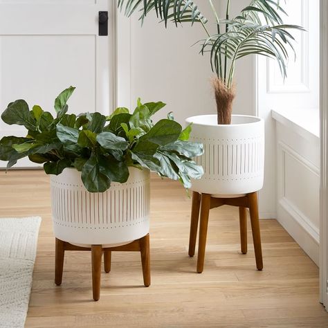 Mid-Century Turned Wood Leg Planters - White & Gold | West Elm Pink Cactus, Build Inspiration, Pot Painting, Chan's Room, Geometric Terrarium, Indoor Outdoor Planter, Planter Stand, Turned Leg, Turned Wood