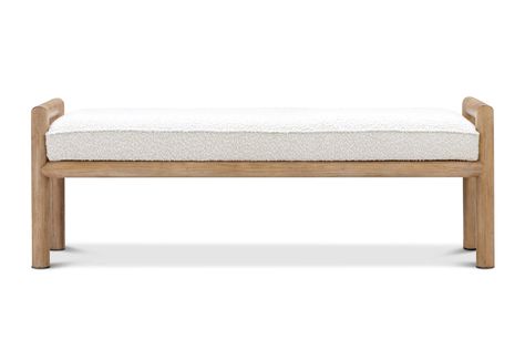 With its rounded posts, low arms, and naturally-finished acacia wood frame, the Winston Bench embraces elements of coastal and transitional design aesthetics to create a cozy, inviting seat. The wood is wire-brushed for a charmingly weathered look, complementing the bench's soft, white boucle seat cushion. This versatile bench warms up any space and can be styled at the foot of your bed, in the hallway, or as extra seating anywhere you need it. Scandinavian Bench, Arhaus Ubud Bench, Scandinavian Benches, White Bench, Bed Bench, Design Aesthetics, Waiting Area, Boucle Fabric, Wood Bench