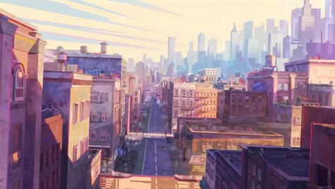 Spiderverse Cityscape, Spiderverse Background Art, Comic Cityscape, City Background Art, City Landscape Wallpaper, Visdev Art, 2d Texture, City Concept Art, Alberto Mielgo