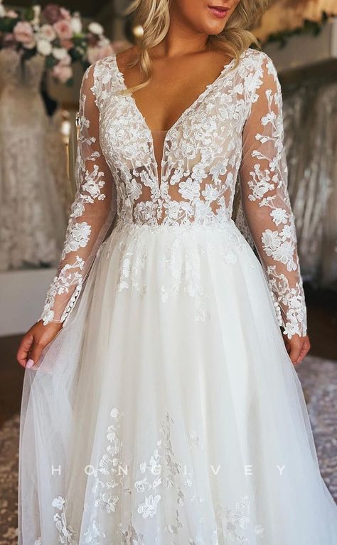 H1638 - Chic Tulle A-Line V-Neck Long Sleeve Illusion Empire Lace Applique With Tulle Train Wedding Dress - Custom color -  #ALine #applique #Chic #Color #Custom #Dress #Empire #H1638 #Illusion #Lace #Long #Sleeve #Train #Tulle #Vneck #Wedding Long Sleeve Lace Boho Wedding Dress, Long Sleeve Country Wedding Dress, Wedding Dress Bigger Women, Flowy A Line Wedding Dress With Sleeves, Deep V Long Sleeve Wedding Dress, Empire Line Wedding Dresses, Long Sleeve Wedding Dresses With Floral Embroidery, Vintage Lace Wedding Dress With Sleeves, Wedding Dress Plus Size Sleeves