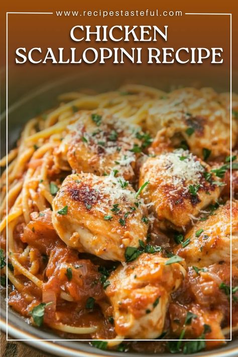 This Chicken Scallopini recipe features tender chicken simmered in a flavorful brown gravy and tomato sauce, served over al dente spaghetti. It's a comforting and easy-to-make Italian-inspired dish perfect for any weeknight dinner. Chicken Scallopini Recipes, Scallopini Recipes, Spaghetti Tomato Sauce, Carbquik Recipes, Chicken Scallopini, Fancy Dinner Recipes, Hearty Chicken, Gravy Sauce, Brown Gravy