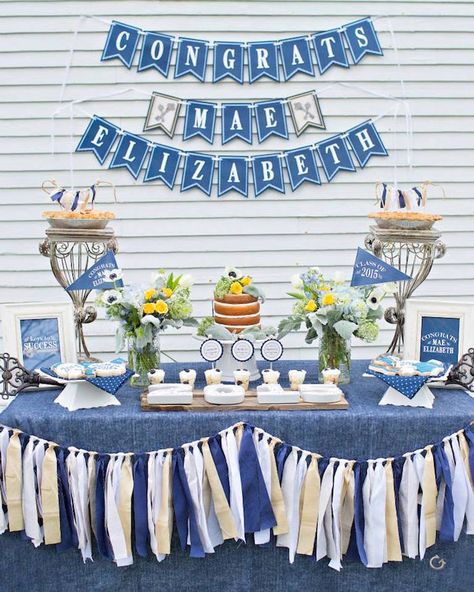 Keys to Success Denim Graduation Party via Kara's Party Ideas | KarasPartyIdeas.com (4) Party Decorations Graduation, Grad Banner, Daughter Graduation, Denim Party, Denim Wedding, Graduation Party Centerpieces, Keys To Success, Graduation Party Themes, Graduation Party Decorations