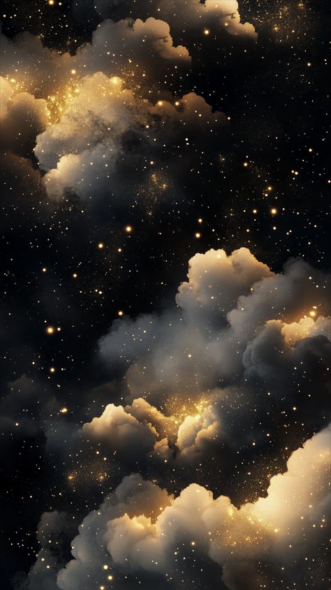 Transform your device with these stunning New Year and Christmas-themed wallpapers! Featuring dreamy, glowing clouds set against a starry black backdrop, this seamless design exudes elegance and a festive vibe. Perfect for adding a magical touch to your phone or desktop during the holiday season. Let the soft gold accents and celestial atmosphere inspire joy and celebration. 🎄✨ #ChristmasWallpapers #NewYearDecor #HolidayAesthetic Celestial Aesthetic Background, New Years Phone Theme, Black And Gold Celestial Aesthetic, Moon Theme Wallpaper, New Years Lockscreen, Nye Backgrounds, Celestial Wallpaper Phone, Celestial Wallpaper Aesthetic, Sparkle Wallpaper Iphone