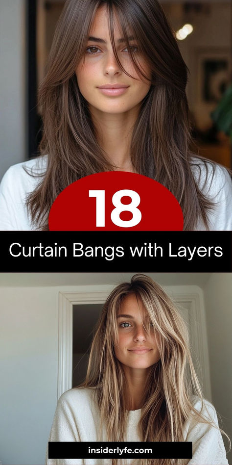 eady to elevate your hairstyle game? 💇‍♀️✨ Check out these 18 stunning curtain bangs with layers that work for every hair length! Whether you have short, medium, or long locks, these trendy looks will leave you feeling confident and chic. Perfect for any occasion, from casual days to formal nights. Don't miss these must-try styles! #CurtainBangs #LayeredHairstyles #HairInspo #TrendyLooks Simple Curtain Bangs Long Hair, Long Hair Layered Haircut Curtain Bangs, Long Layered Hair With Long Curtain Bangs, Long Hair Curtain Bangs Hairstyles, Framed Bangs Medium Hair, Long Layered Haircuts For Thick Hair Side Bangs, Curtain Bangs At Cheekbone, Off Center Part Curtain Bangs, Hairstyles With Layers And Curtain Bangs