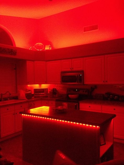 New lights in the kitchen :)) Neon Kitchen Aesthetic, House Party Lighting, Red Light Party, Led Living Room Ideas, Red Lights Bedroom, Led Lights Kitchen, Lights In The Kitchen, House Party Aesthetic, Spooky Soiree