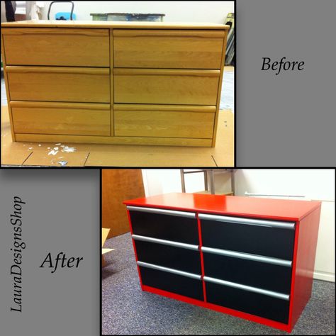 I turned this plain dresser into a little boys craftsman tool box dresser. "Snap on" dresser with black draws and silver handles. Tool Box Dresser Race Or Car Dresser Www.etsy.com/shop/LauraDesignsShop www.Instagram.com/lauradesignsshop Dresser Garage, Tool Box Dresser, Race Car Bedroom, Red Garage, Boys Bedroom Storage, Diy Bedroom Storage, Cars Room, Car Bedroom, Plain Red