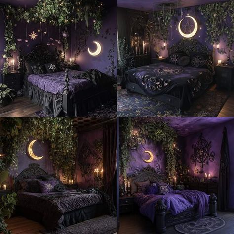 Dark Room Decor Ideas, Dark Purple Bedroom Walls, Goblin Bedroom, Romantic Purple Bedroom, Magical Bedroom Ideas, France Bedroom, Fairy Core Bedroom, Goth Bedding, Whimsigoth Bedroom