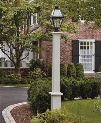 Driveway Light Post, Light Post Landscaping, Driveway Lights, Outside House Colors, Wooden Window Shutters, Brick Walkway, Outdoor Lamp Posts, Driveway Lighting, Lamp Posts