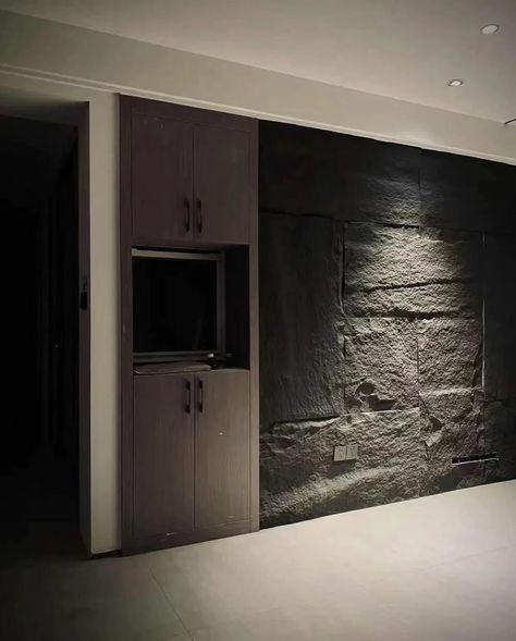 SPACE BLACK ARTIFICIAL STONE WALL PANELS (6 PIECES PER BOX) @retromoderndesign Stone Wall Aesthetic, Lobby Coffee Shop, Artificial Stone Wall, Decorative Stone Wall, Slate Veneer, Luxury Fireplace, Faux Stone Walls, Wall Applications, Stone Wall Panels