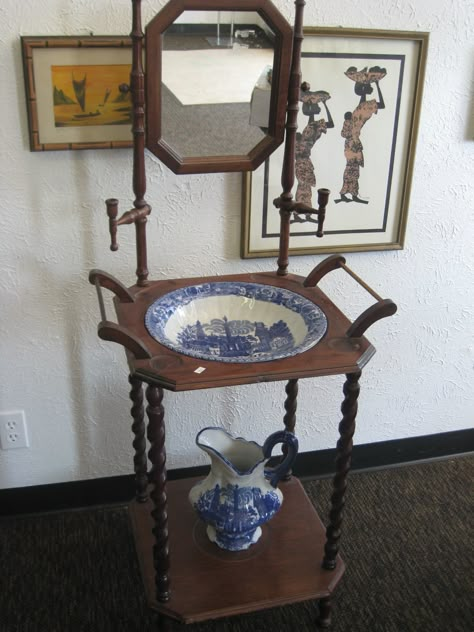 Antique wash stand with mirror - bowl and pitcher are in excellent condition $225 Antique Wash Basin, Tiered Plant Stand Indoor, Antique Wash Stand, Pitcher And Basin, Wash Bowl, Vintage Furniture Design, Antique Pitcher, Washbasin Design, Bowl Stand