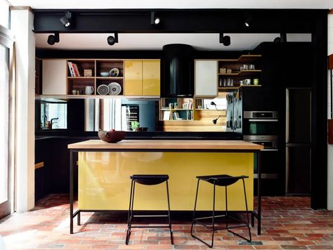 Swinging 70s by Atticus & Milo | HomeAdore HomeAdore Terra Cotta Kitchen, Terracotta Tile Floors, Yellow Kitchen Designs, Kitchen Color Yellow, Tuscan Kitchen Design, Yellow Kitchen Cabinets, Swedish Kitchen, Yellow Cabinets, Devol Kitchens