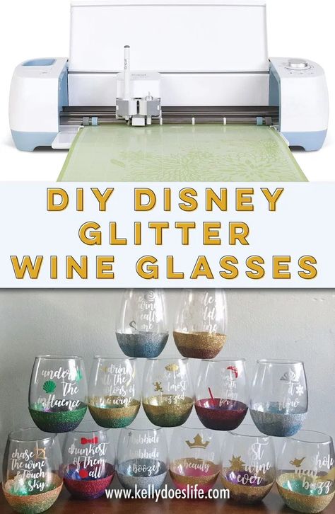 Glitter Stem Wine Glasses, Wine Glass Glitter Diy, Vinyl Wine Glass Ideas, Glass Vinyl Ideas, Painted Wine Glasses Diy, Cricut Wine Glass Ideas, Drinking Glasses Design, Diy Disney Princess, Cricut Wine Glasses