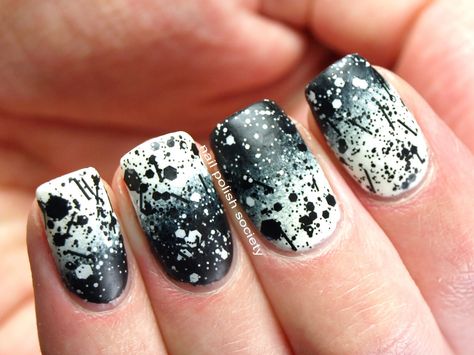 Black and white gradient with Formula X Chaotic #nailart Paint Nail Designs, Goth Nail Art, Splatter Nails, Graffiti Nails, Paint Nails, Paint Nail, Nail Polish Nail Art, Goth Nails, Splatter Paint