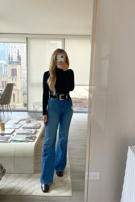 Flare Jeans Turtleneck Outfit, Blue Flair Jeans Outfits, Denim Flare Jeans Outfit Winter, Light Flare Jeans Outfit Winter, Blue Leather Shorts Outfit, Blue Jean Winter Outfits, Black Long Sleeve And Jeans Outfit, Western Outfits With Jeans, Square Toed Boots Outfit