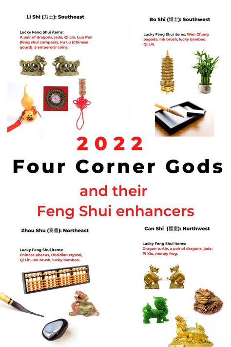 Set up 2022 Feng Shui by understanding the 4 corner gods and lucky items you can display. Feng Shui Floor Plan, Feng Shui Your Desk, Feng Shui Garden Design, Money Corner, Feng Shui Animals, Feng Shui Basics, Feng Shui Garden, Feng Shui Guide, Feng Shui Money