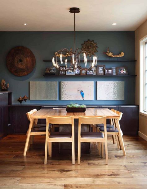 1940s Mission-style house gets brilliant transformation in San Francisco Wall Behind Dining Table, Dining Room Floating Shelves, Room Floating Shelves, Neutral Dining Room, Circular Dining Table, Transitional Dining Room, Dining Room Table Centerpieces, Grey Dining Room, Dining Room Contemporary