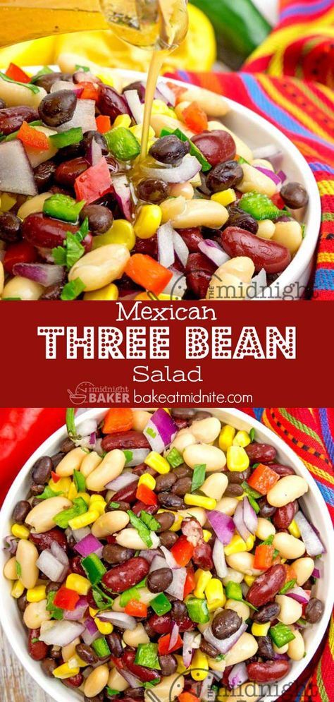 Simple bean salad with a Mexican flair. It's also a meatless and vegan meal. #salads #healthy #vegan #vegetarian #mexican Meal Salads, Mexican Bean Salad, Salad Meals, Salads Healthy, Mexican Salad, Vegetarian Salad, Mexican Salads, Three Bean Salad, Vegetarian Mexican