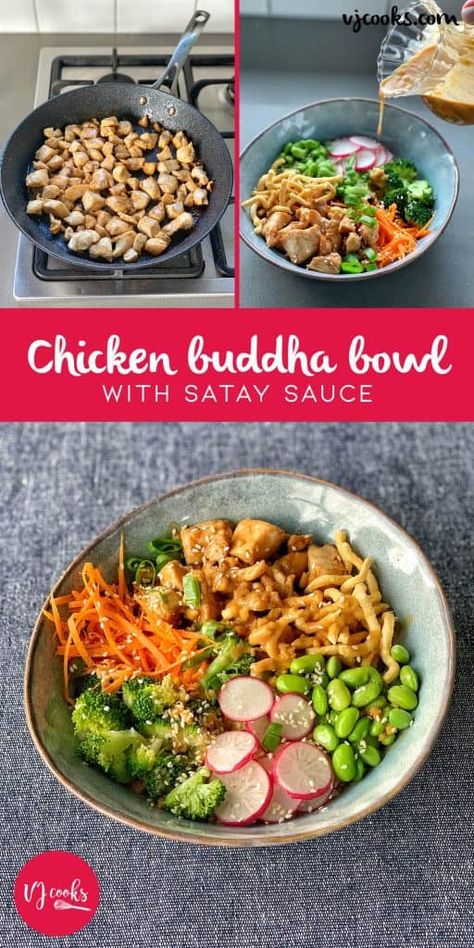 chicken buddha bowls with satay sauce - recipe by VJ cooks with meal prep ideas Chicken Buddha Bowls, Satay Dressing, Chicken Buddha Bowl, Satay Sauce Recipe, Buddha Bowl Sauce, Vj Cooks, Creamy Pesto Chicken Pasta, Bowl Meals, Poke Bowl Recipe